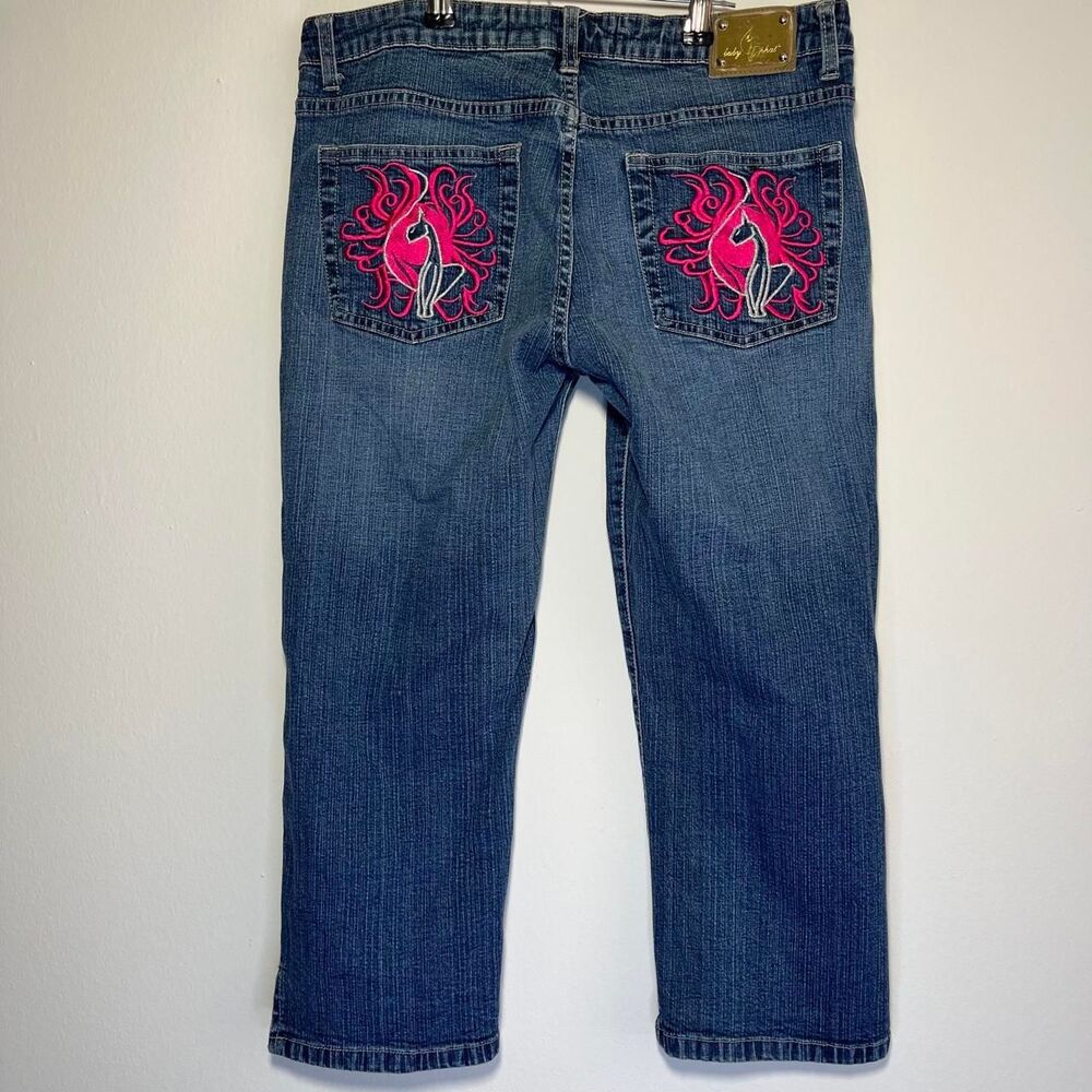 Baby Phat Jeans Y2K Vintage Capri Embroidered Cat Pink Gold Size 16 Waist 32"